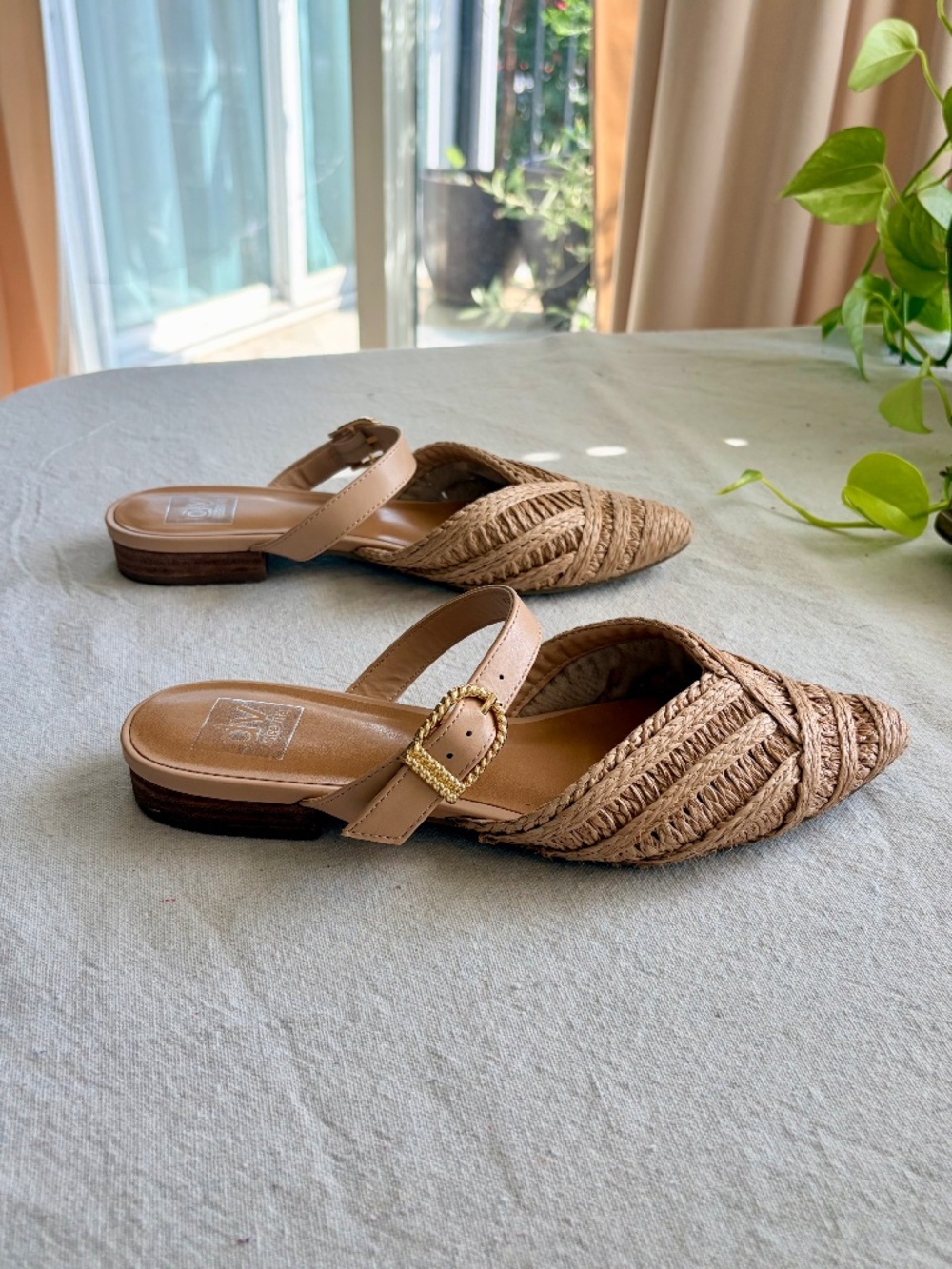 Dolce Vita Neutral Raffia Flat Mules - Picture 6 of 9